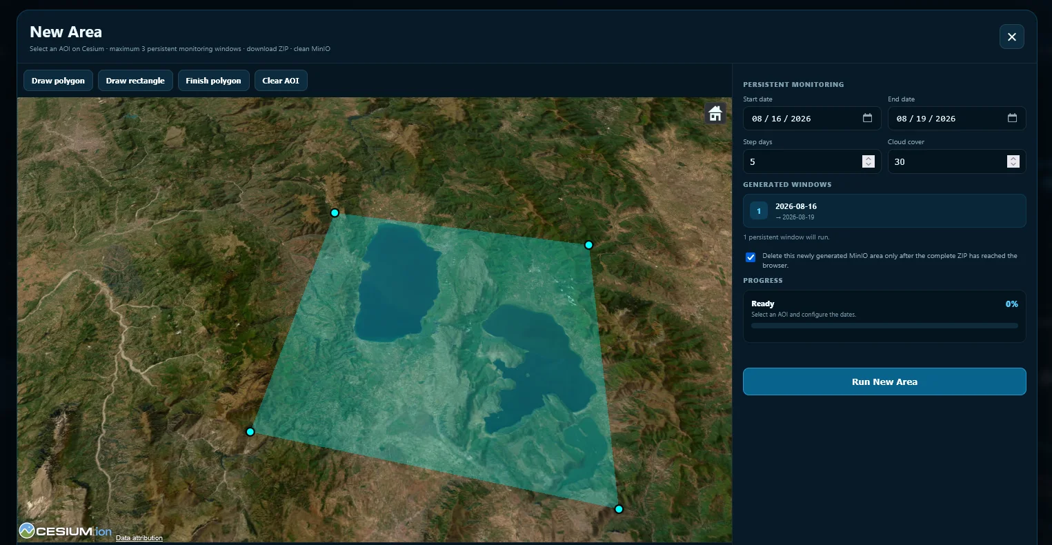 OrbitalMosaic new monitoring area interface with a polygon drawn around a reservoir